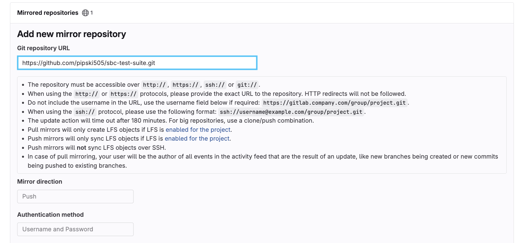Enter destination URL