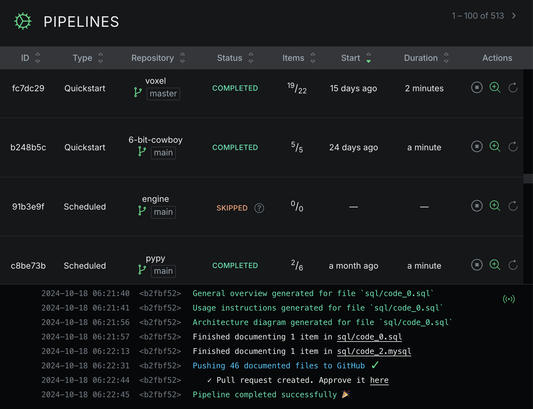 Pipeline view in dashboard