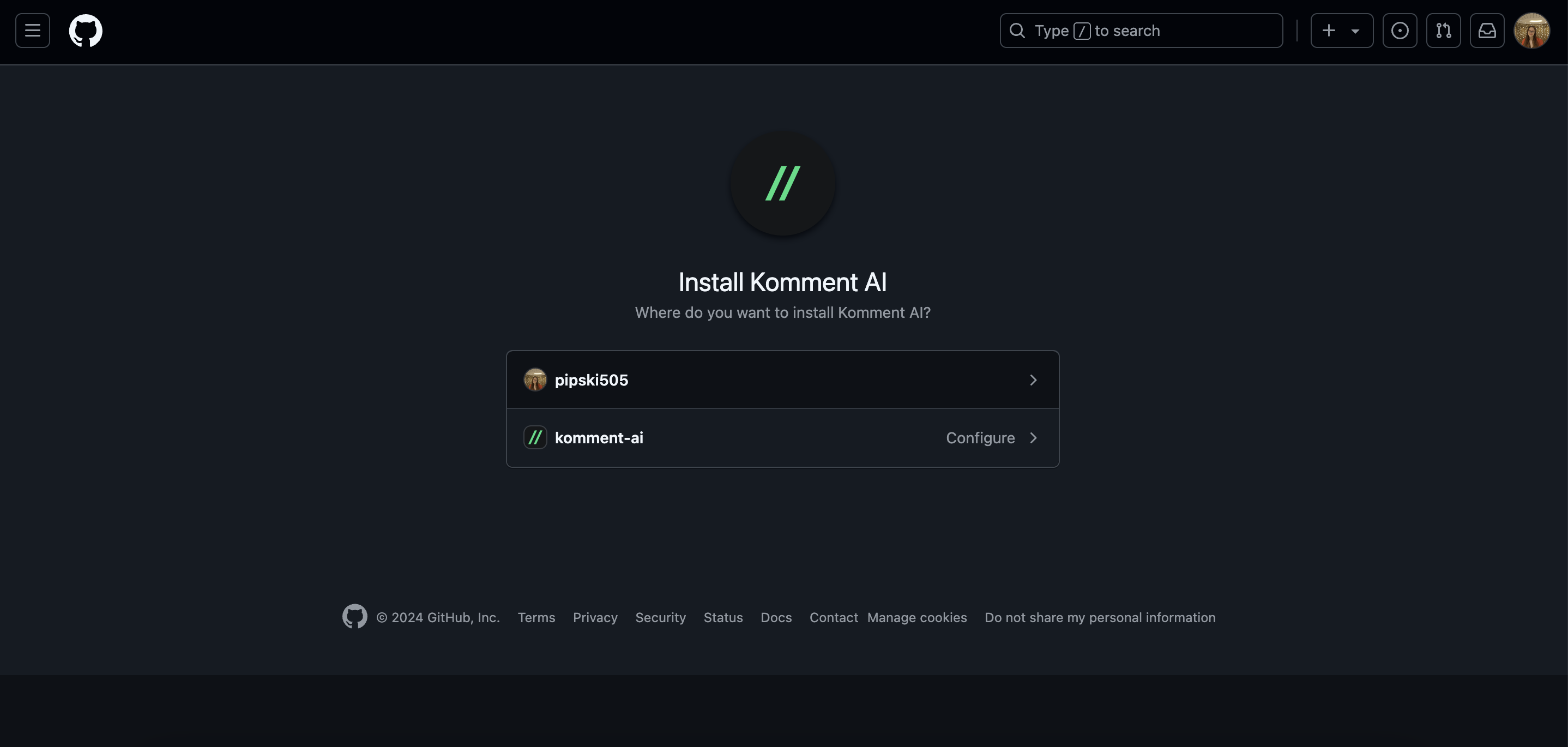 Select GitHub account to install Komment