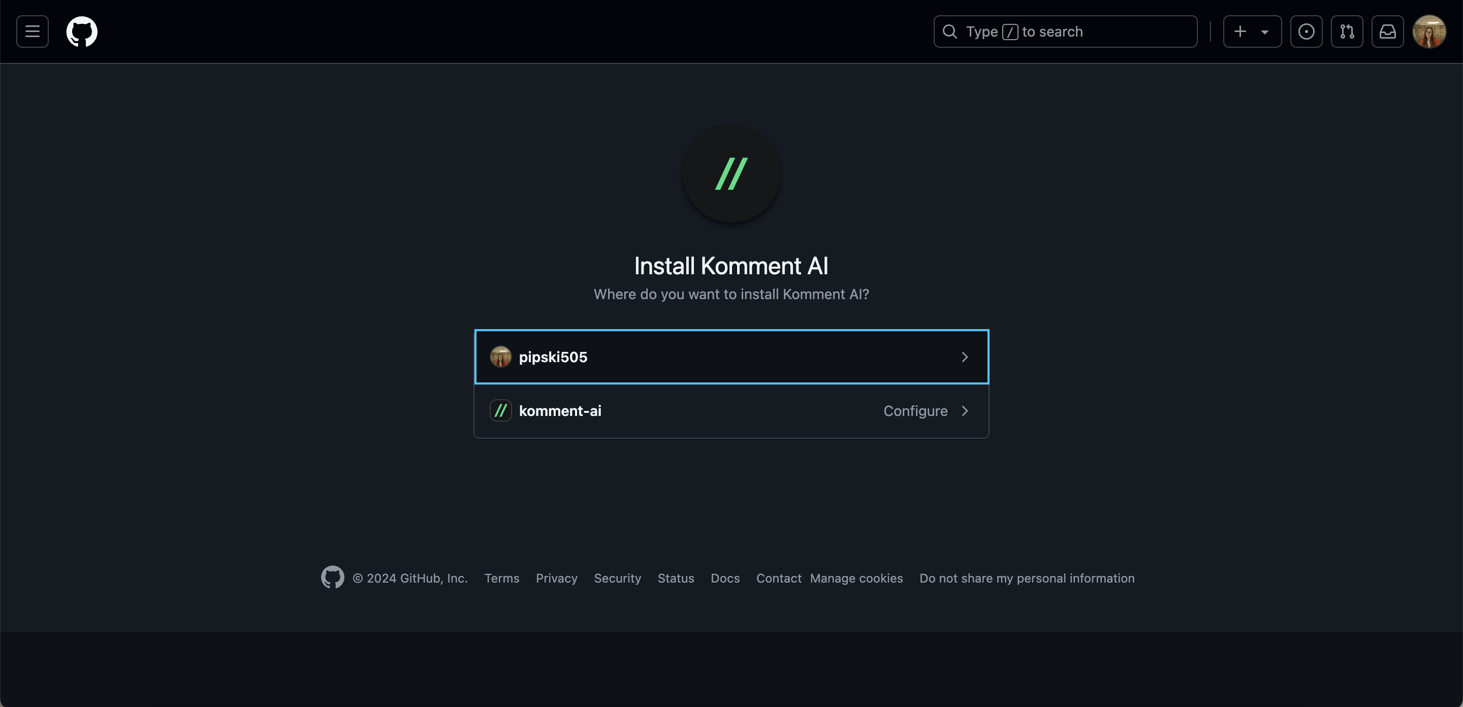 Select GitHub account to install Komment