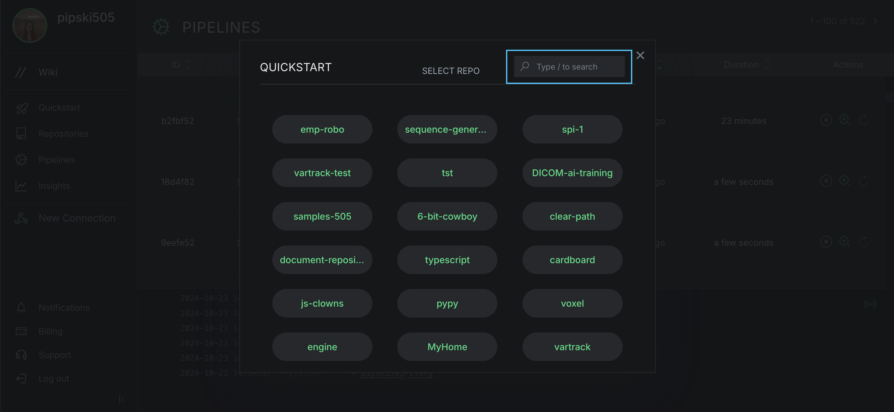 Select repository in Quickstart